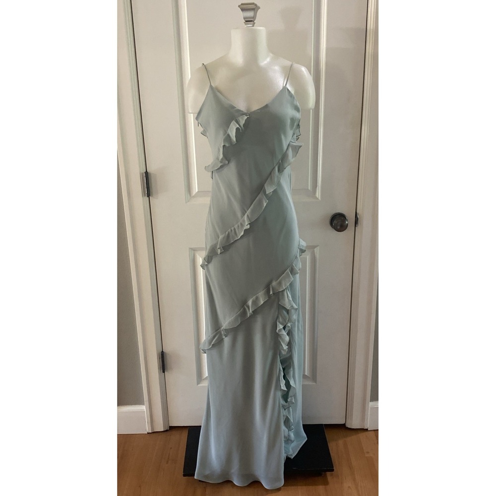 Birdy Valentina Ruffle Spagetti Strap Maxi Chiffon Dress Size S Small Pale Green